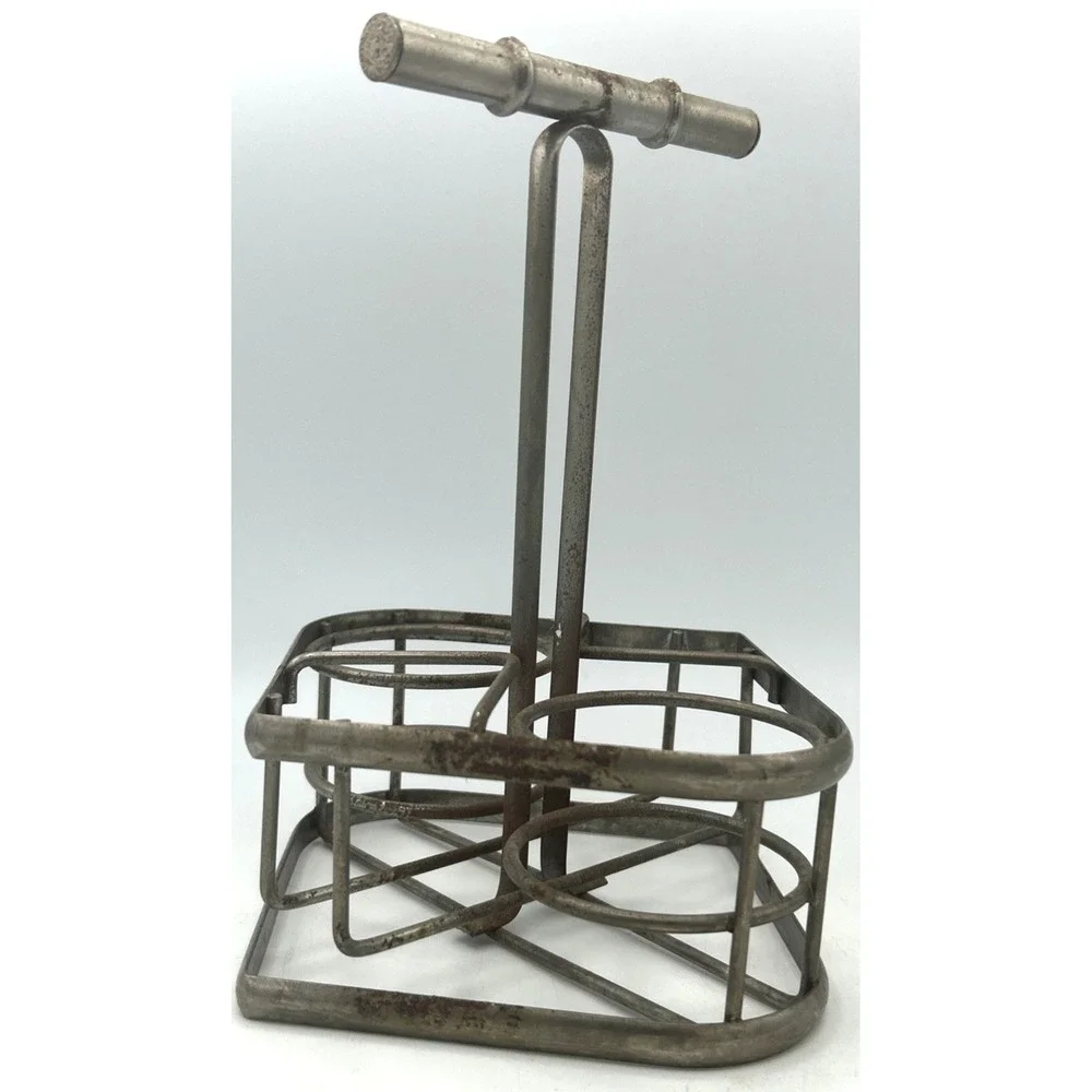 RETRO‎ VTG Metal Condiment Caddie W/Salt & Pepper Shakers & OIL VINEGAR CRUETS
